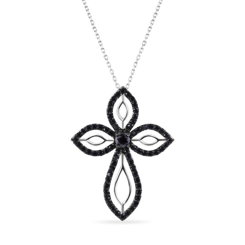 Closeout-Silver 925  Rhodium and Black Rhodium Plated Clear and Black CZ Cross Pendant Necklace - STP00804