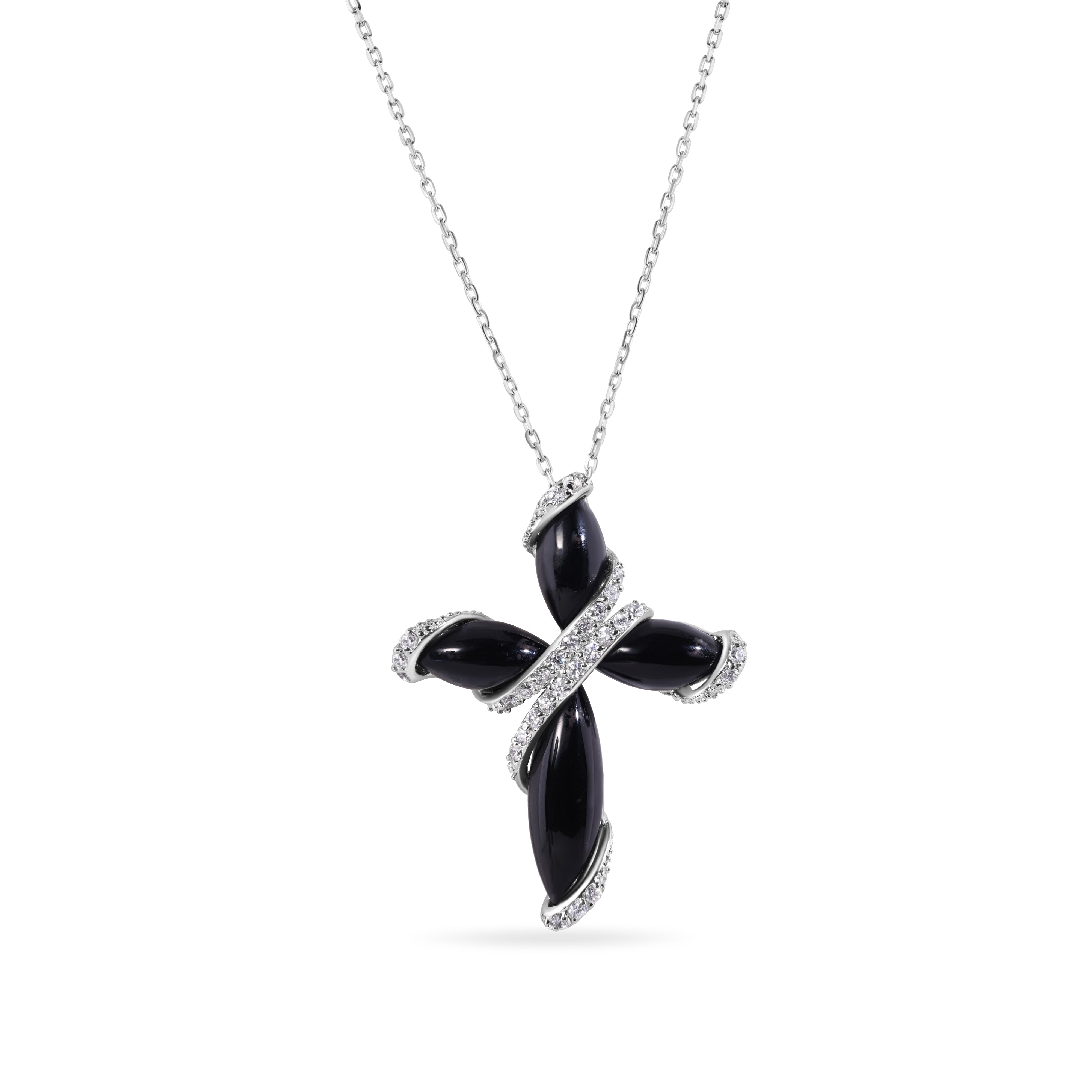 Clearance-Silver 925 Rhodium Plated Black Onyx Cross CZ Necklace - BGP00488