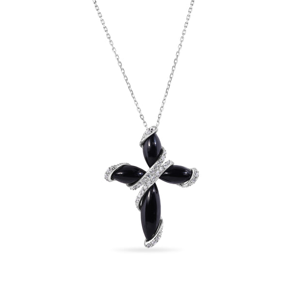 Silver 925 Rhodium Plated Black Onyx Cross CZ Necklace - BGP00488