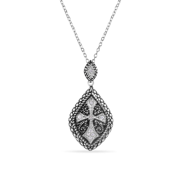 Silver 925 Black and Rhodium Plated Marquis Inner Cross CZ Necklace - BGP00521