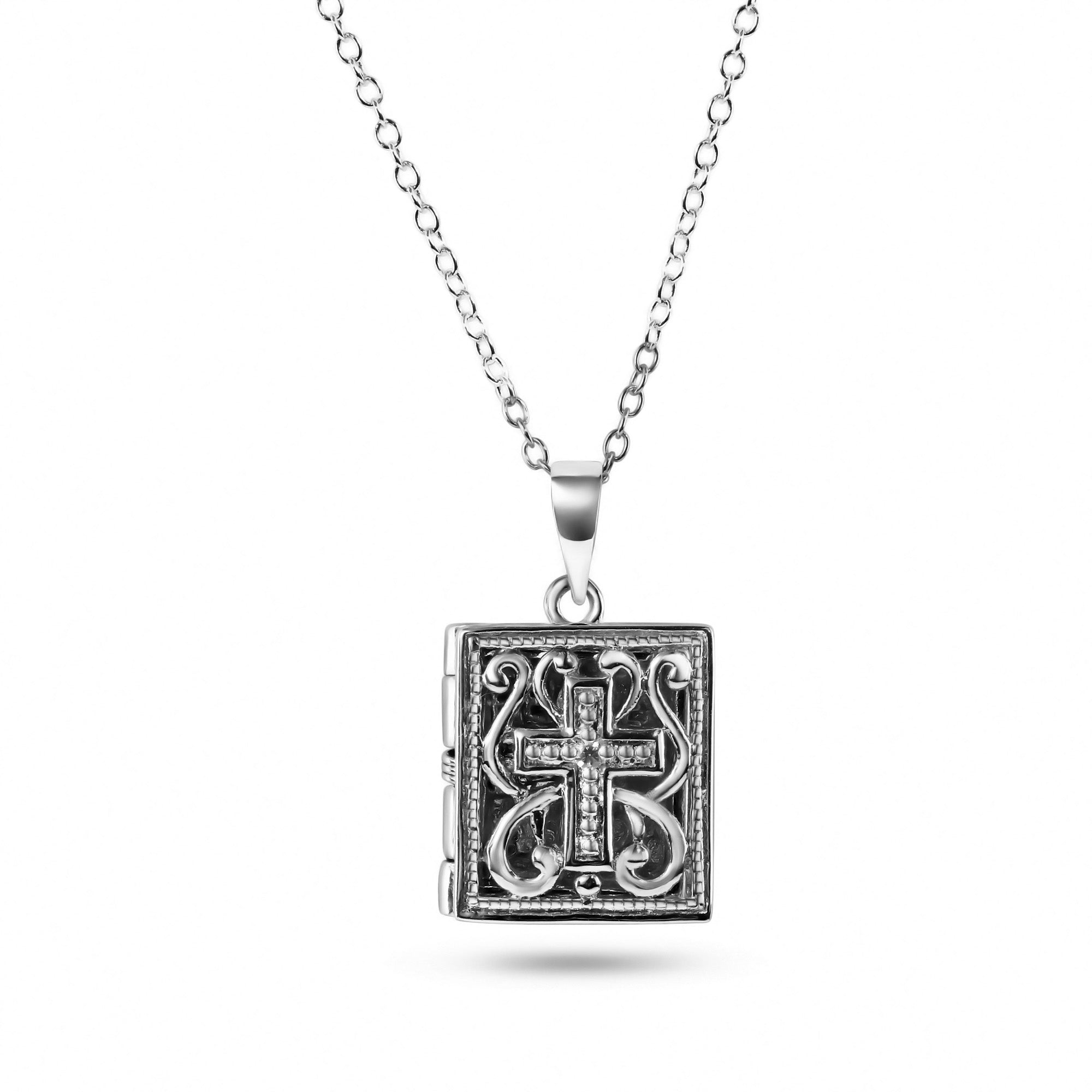 Collar de plata de ley 925 con filigrana de Biblia y circonita cúbica con baño de rodio - BGP00588