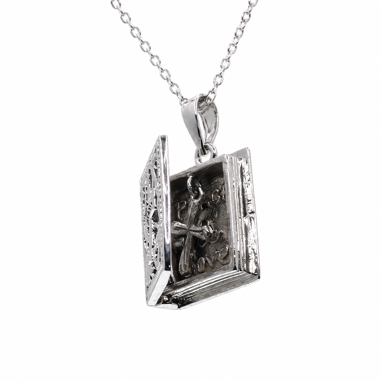 Rhodium Plated 925 Sterling Silver Bible Filigree CZ Necklace - BGP00588