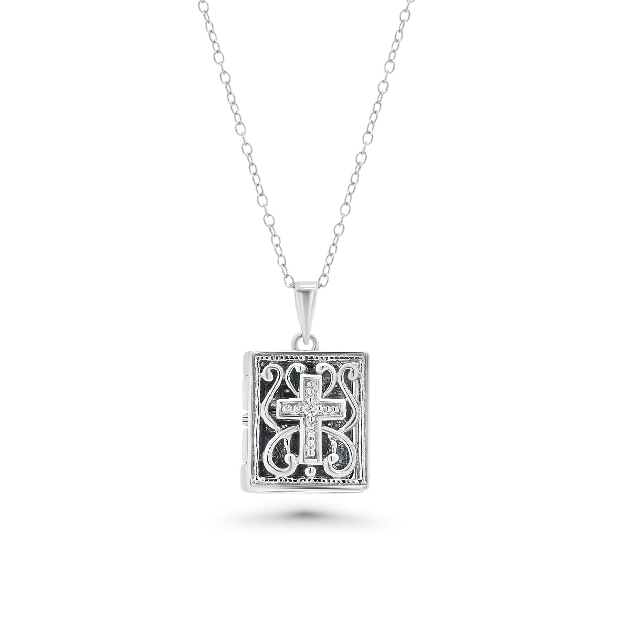 Collar de plata de ley 925 con filigrana de Biblia y circonita cúbica con baño de rodio - BGP00588