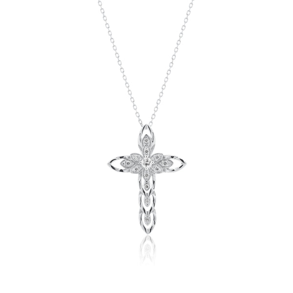 Silver 925 Rhodium Plated Open Cross CZ Necklace - BGP00617