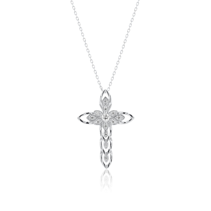 Silver 925 Rhodium Plated Open Cross CZ Necklace - BGP00617