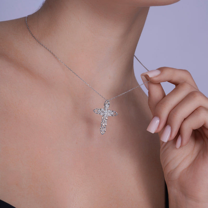 Silver 925 Rhodium Plated Open Cross CZ Necklace - BGP00617