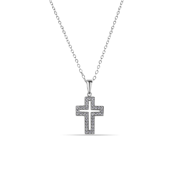 Silver 925 Rhodium Plated Open Cross CZ Necklace - BGP00621