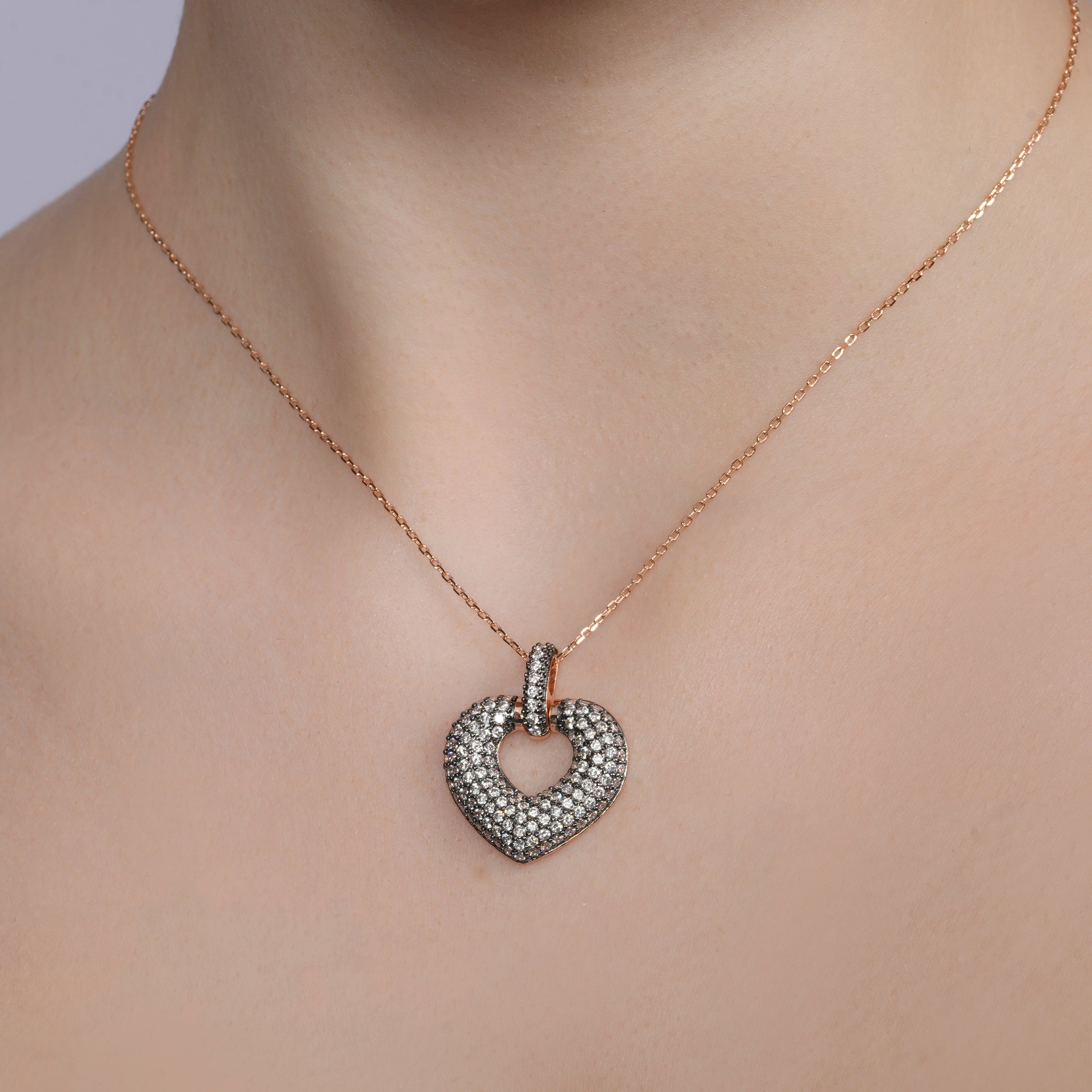 Clearance-Rose gold Plated 925 Sterling Silver Black CZ Chunky Heart Pendant Necklace- BGP00637