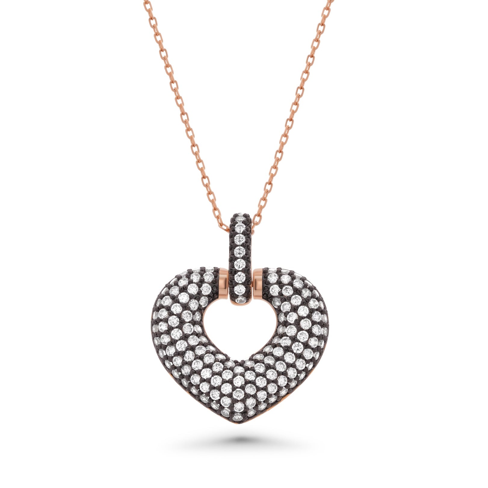 Liquidación - Collar con colgante de corazón grueso de circonita cúbica negra de plata de ley 925 chapado en oro rosa - BGP00637