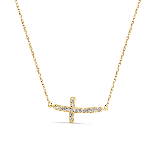 Silver 925 Gold Plated Curvy Sideways Cross CZ Necklace - BGP00647