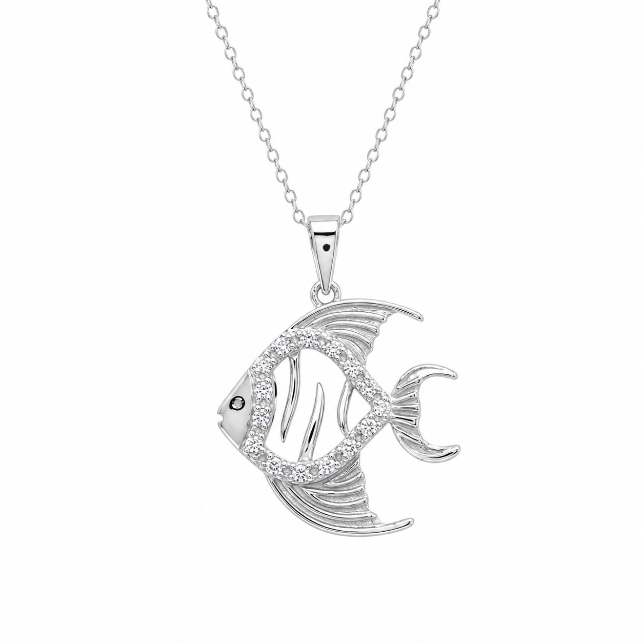 Rhodium Plated 925 Sterling Silver Micro Pave CZ Fish Pendant Necklace - BGP00682