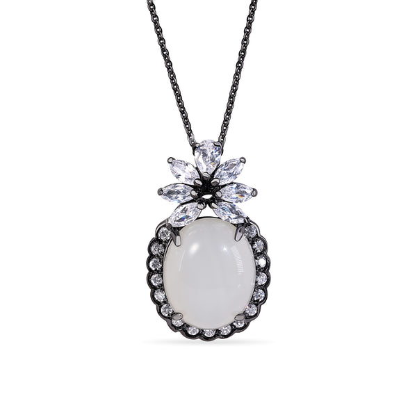 Closeout-Black Rhodium Plated 925 Sterling Silver Oval Shaped Pendant With CZ Inlay Necklace - BGP00709
