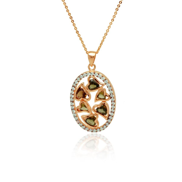 Closeout-Silver 925 Rose Gold Plated Oval Multiple Heart Stones Outline CZ Necklace - BGP00775