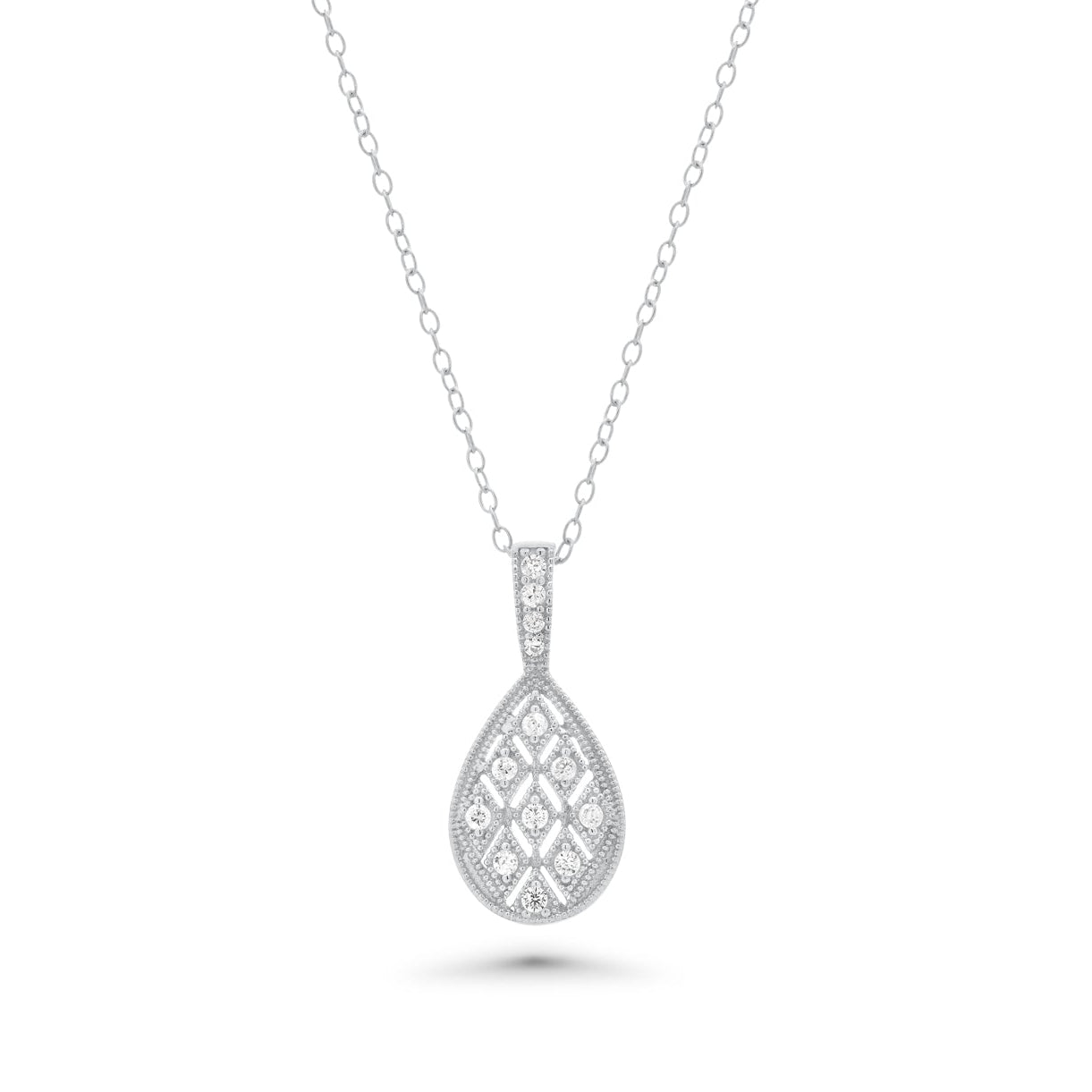 Rhodium Plated 925 Sterling Silver Ornate CZ Teardrop Pendant Necklace- BGP00779