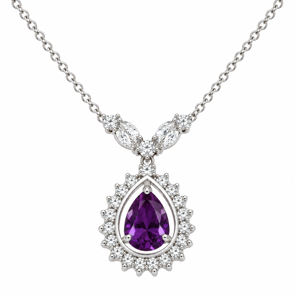 Rhodium Plated 925 Sterling Silver CZ Tear Drop Birthstone Pendant Necklace - BGP00830