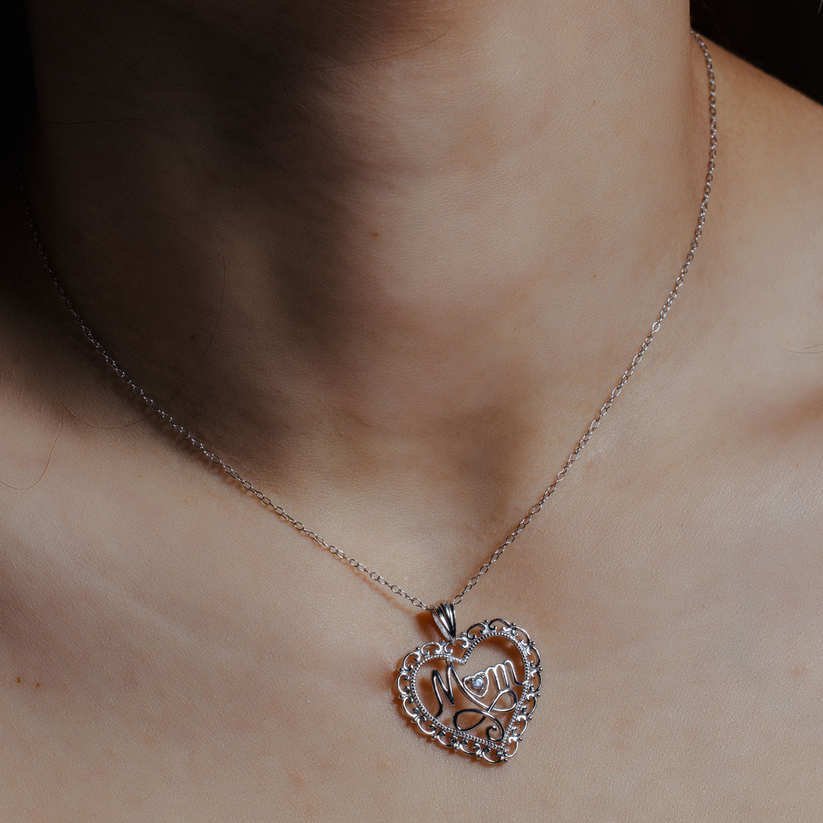Silver 925 Rhodium Plated Clear CZ at Center Open Heart Mom