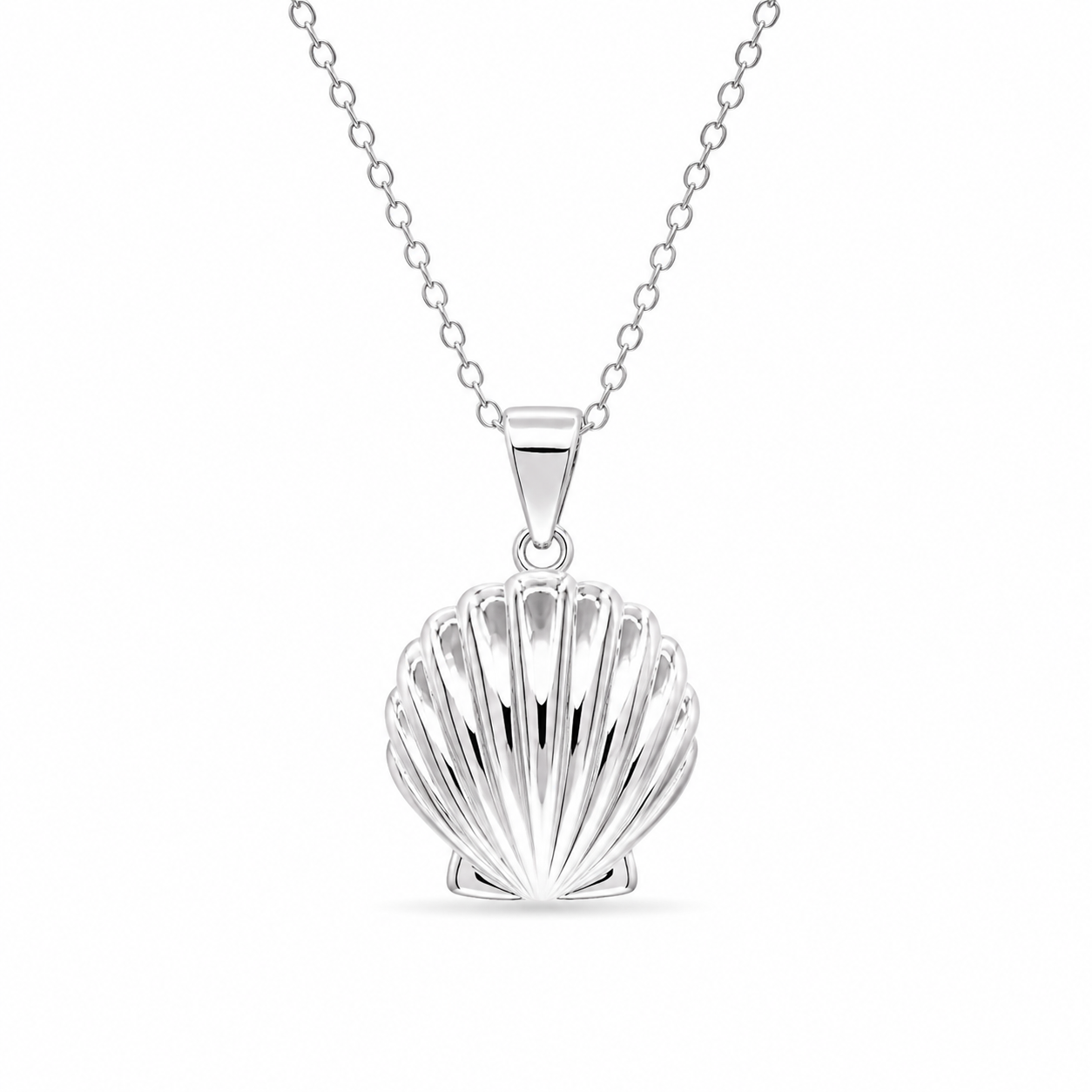 Silver 925 Rhodium Plated Clear CZ Stone Clam Shell Pendant Necklace - BGP00848