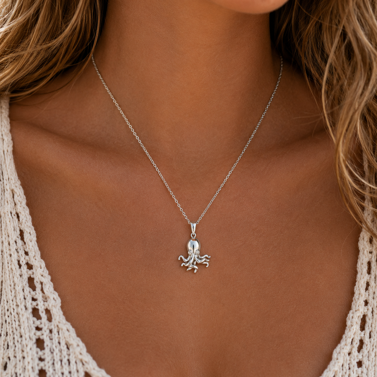 Octi  pendant necklace 18インチ Rhodium Plated 925 Sterling Silver Clear CZ Octopus Pendant