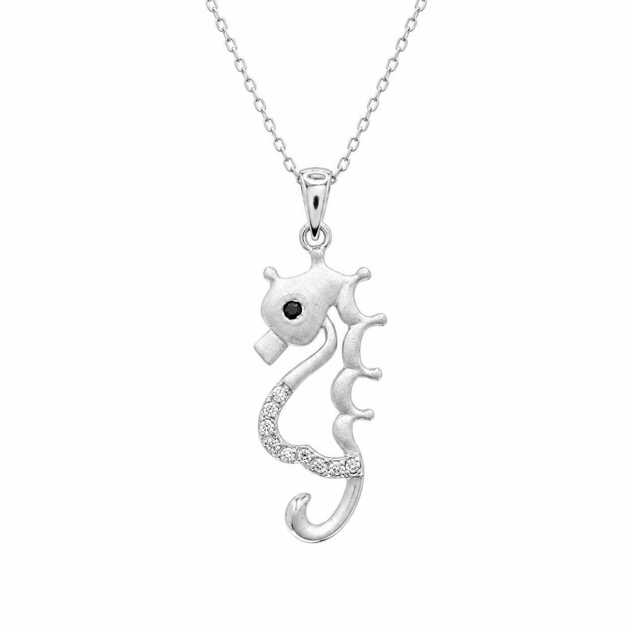 Rhodium Plated 925 Sterling Silver CZ Seahorse Pendant Necklace - BGP00850
