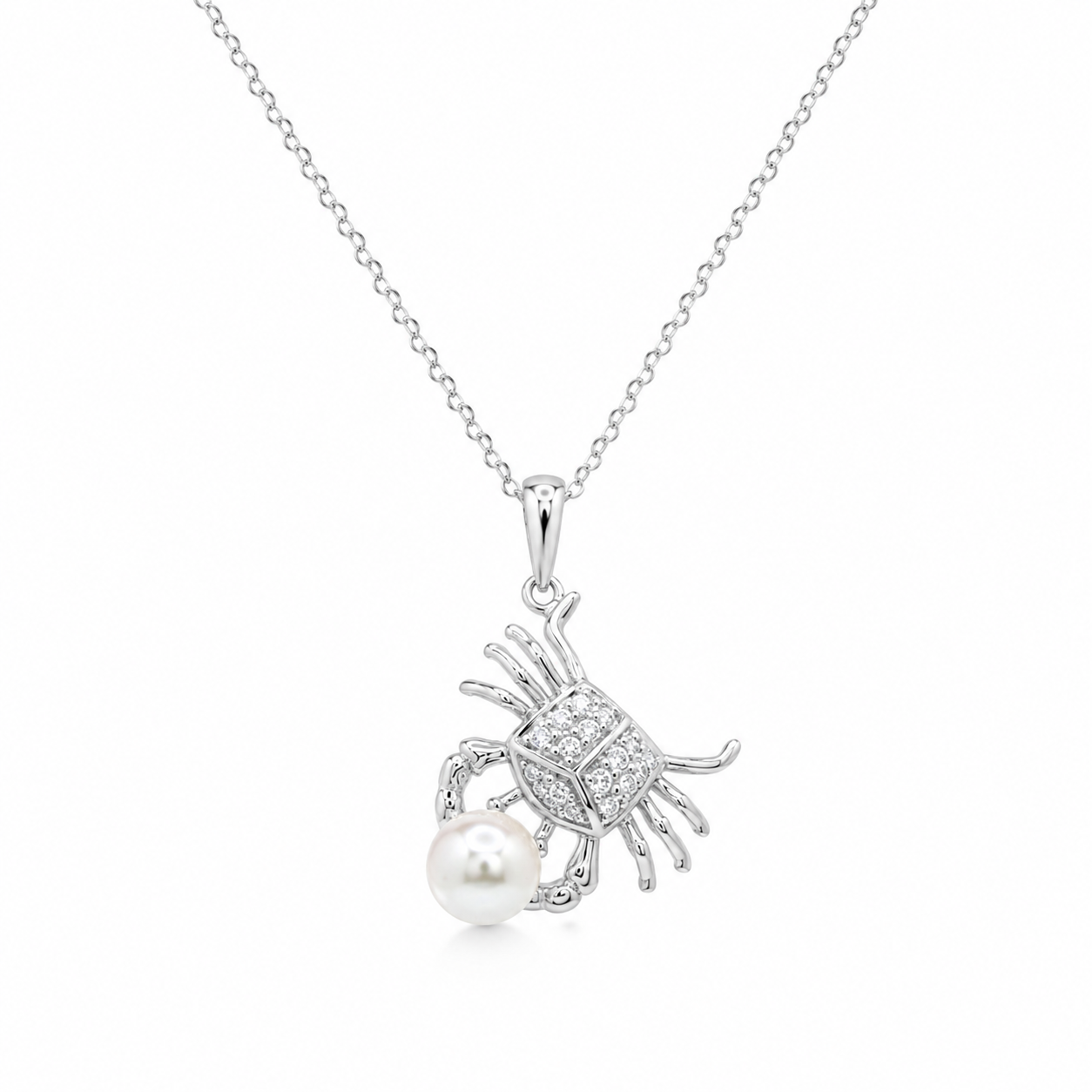 Rhodium Plated 925 Sterling Silver CZ & Pear Crab Pendant Necklace