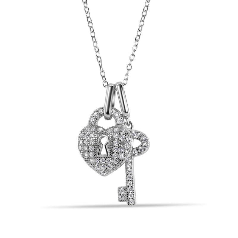 Silver 925 Rhodium Plated Clear CZ Lock and Key Pendant Necklace - BGP00860