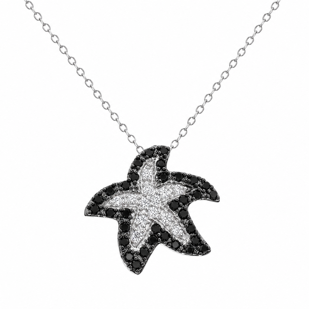 Rhodium Plated 925 Sterling Silver Clear & Black CZ Starfish Pendant Necklace - BGP00862