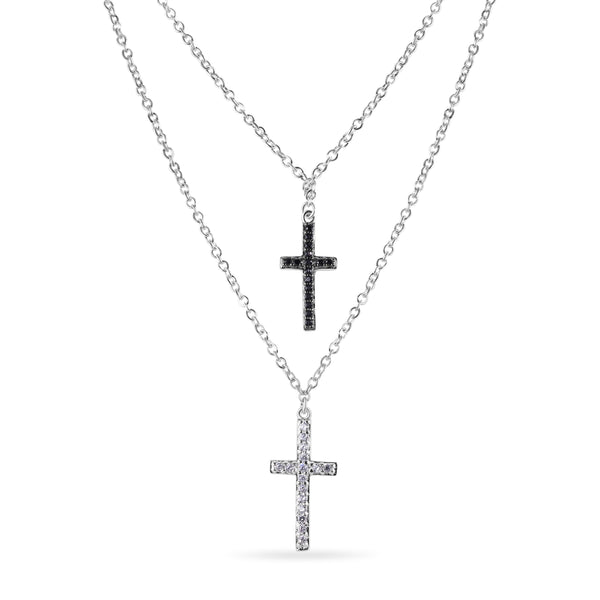 Silver 925 Rhodium Plated Cross with Clear or Black CZ Stones Pendant Necklace - BGP00885