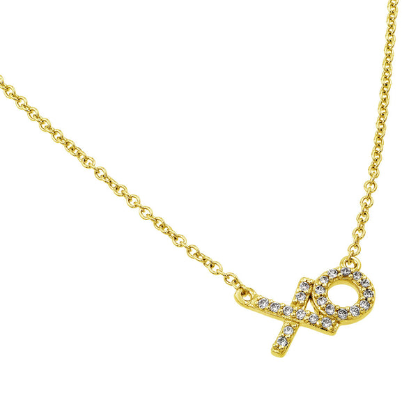 Gold Plated 925 Sterling Silver Clear CZ XO Pendant Necklace