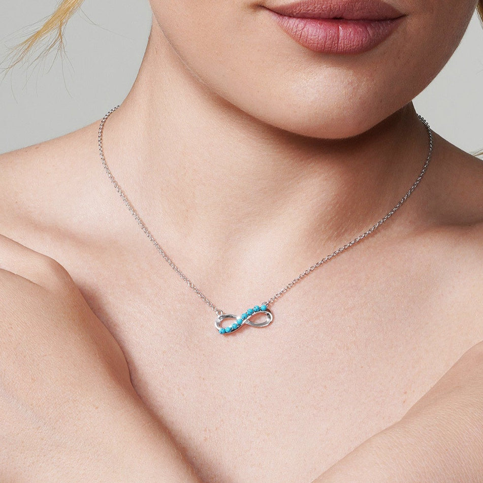 Silver 925 Rhodium Plated Infinity with Turquoise Stones Pendant Necklace - BGP00898TQ