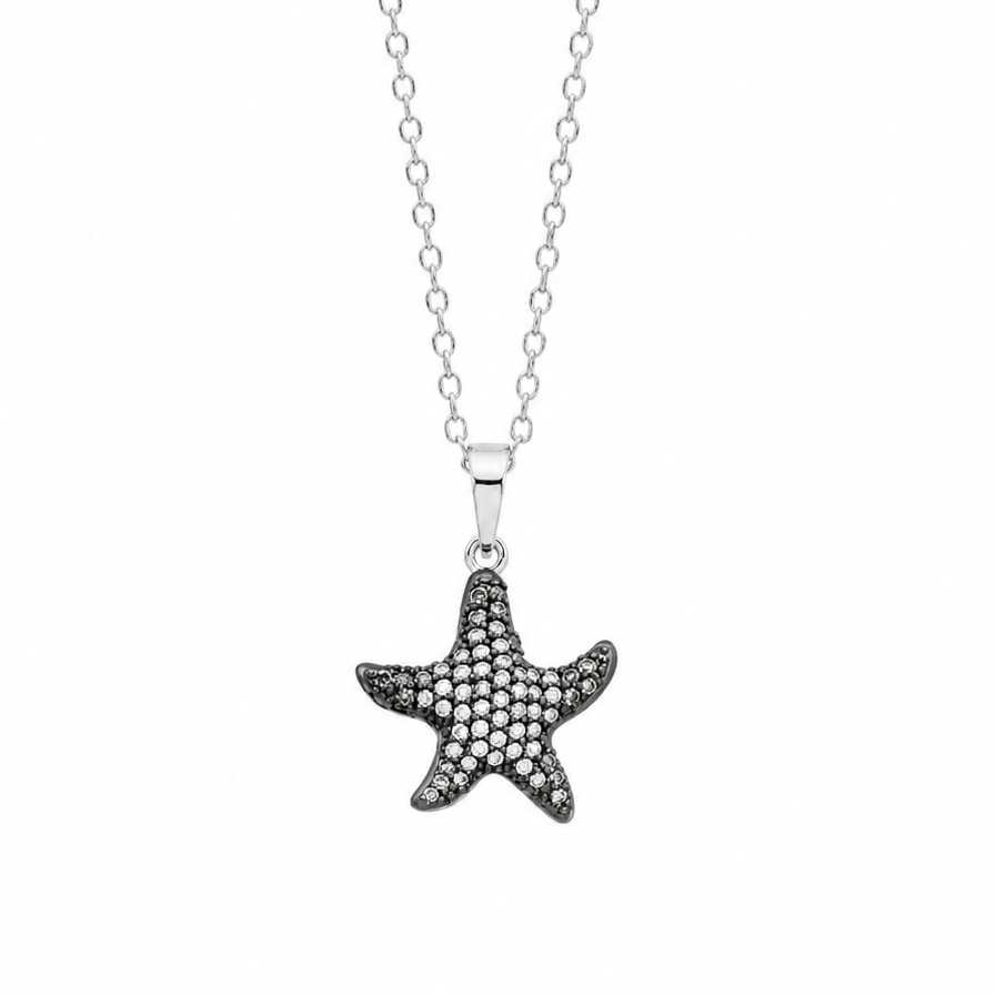 Silver 925 Black Rhodium Plated Clear CZ Star Fish Pendant Necklace - BGP00919