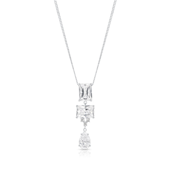 Collar con colgante rectangular y en forma de gota con circonita transparente chapada en rodio de plata 925 - BGP00924