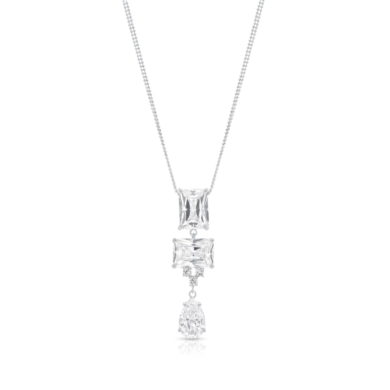 Collar con colgante rectangular y en forma de gota con circonita transparente chapada en rodio de plata 925 - BGP00924