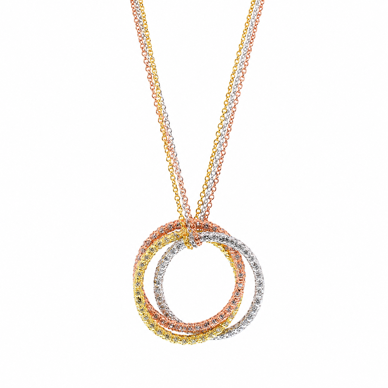 Clearance-Three-Tone Plated 925 Silver Triple Interlaced CZ Rings Necklace - BGP00933
