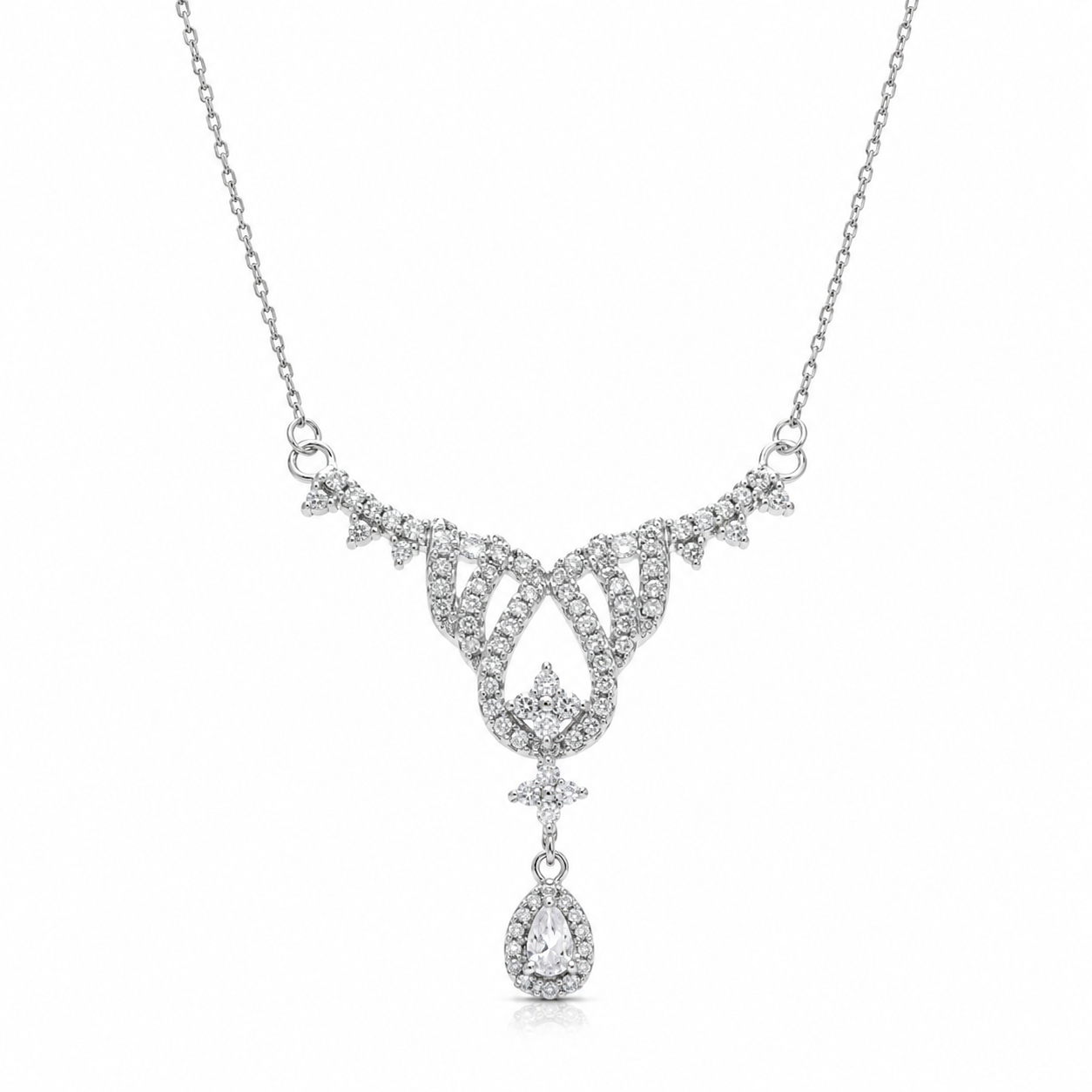 Rhodium Plated 925 Silver Dainty Chandelier Pear Dangle Bridal Neklace - BGP00954