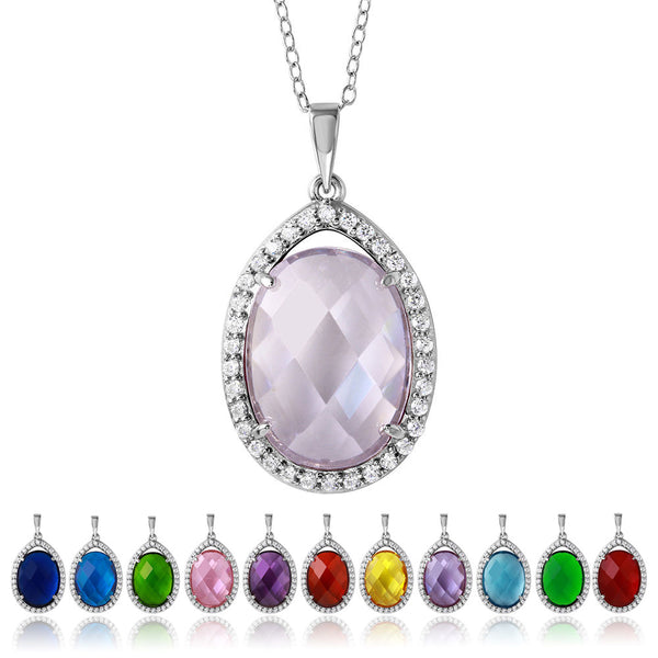Rhodium Plated 925 Sterling Silver Oval CZ Birthstone Necklace - BGP01034