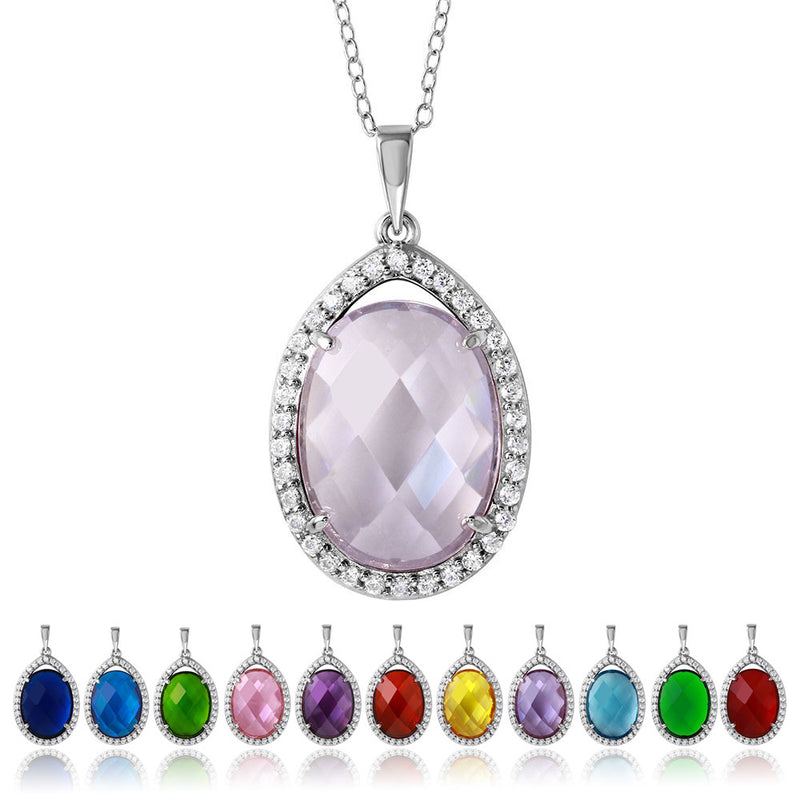 Rhodium Plated 925 Sterling Silver Oval CZ Birthstone Necklace - BGP01034