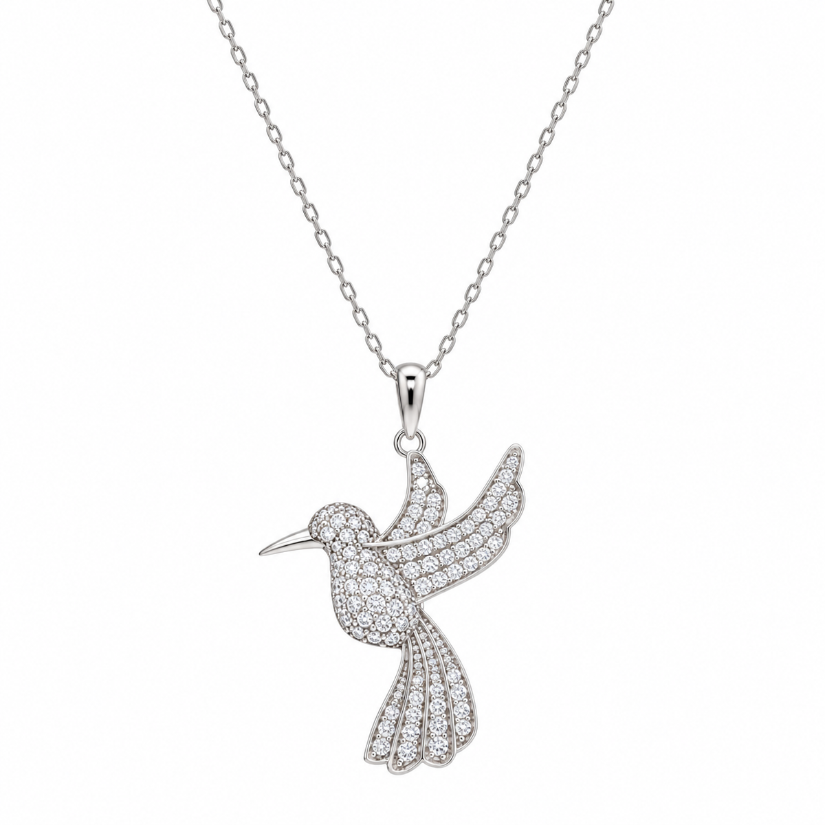 Rhodium Plated 925 Sterling Silver CZ Hummingbird Pendant Necklace - BGP01155
