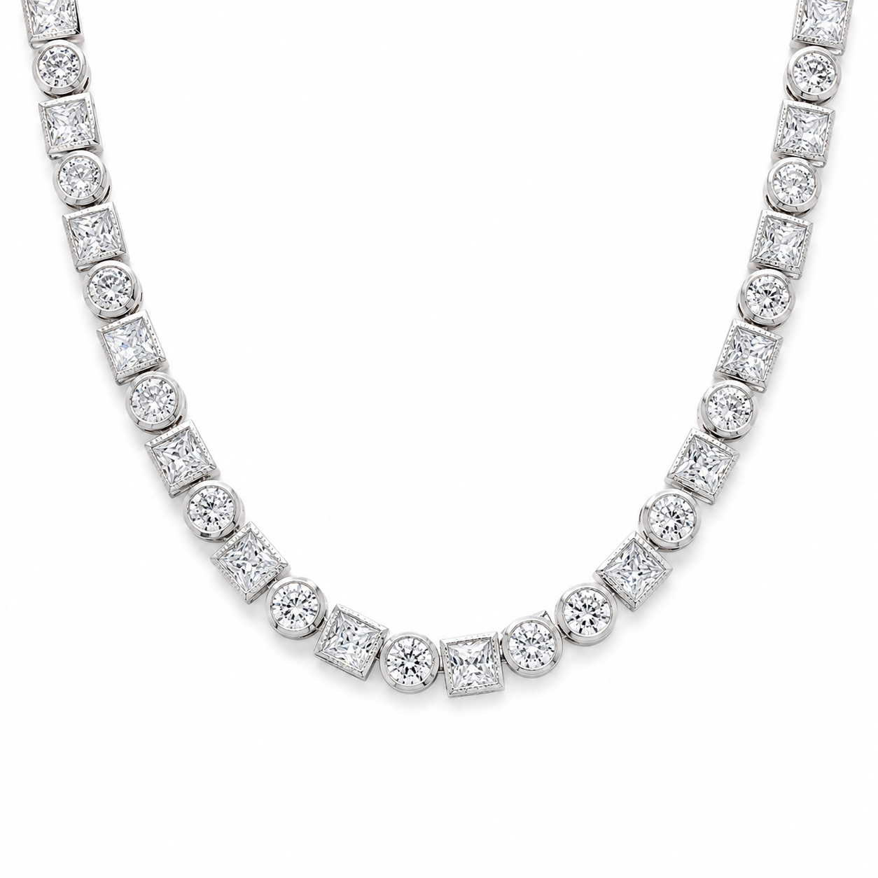 Rhodium Plated 925 Sterling Silver Round and Square CZ Bridal Necklace - BGP01259