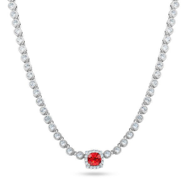 Silver 925 Rhodium Plated Bubble Tennis CZ Red Center Stone Necklace - BGP01469JAN