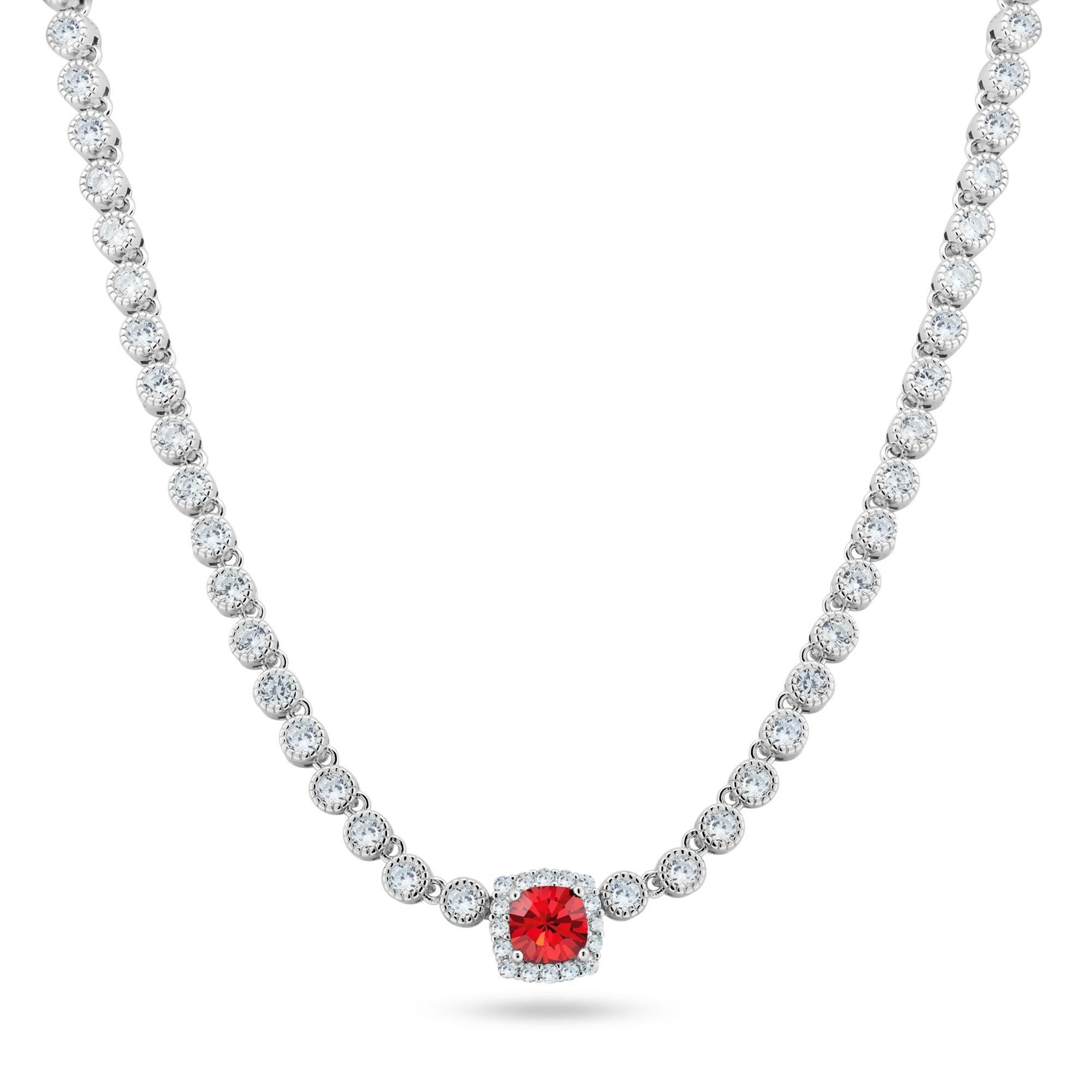 Rhodium Plated 925 Sterling Silver CZ Bubble & Birthstone Bridal Tennis Necklace - BGP01469