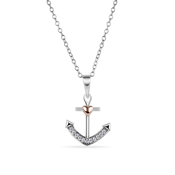 Rhodium Plated and Rose Gold Plated 925 Sterling Silver Anchor and Heart Clear CZ Necklace - BGP01488