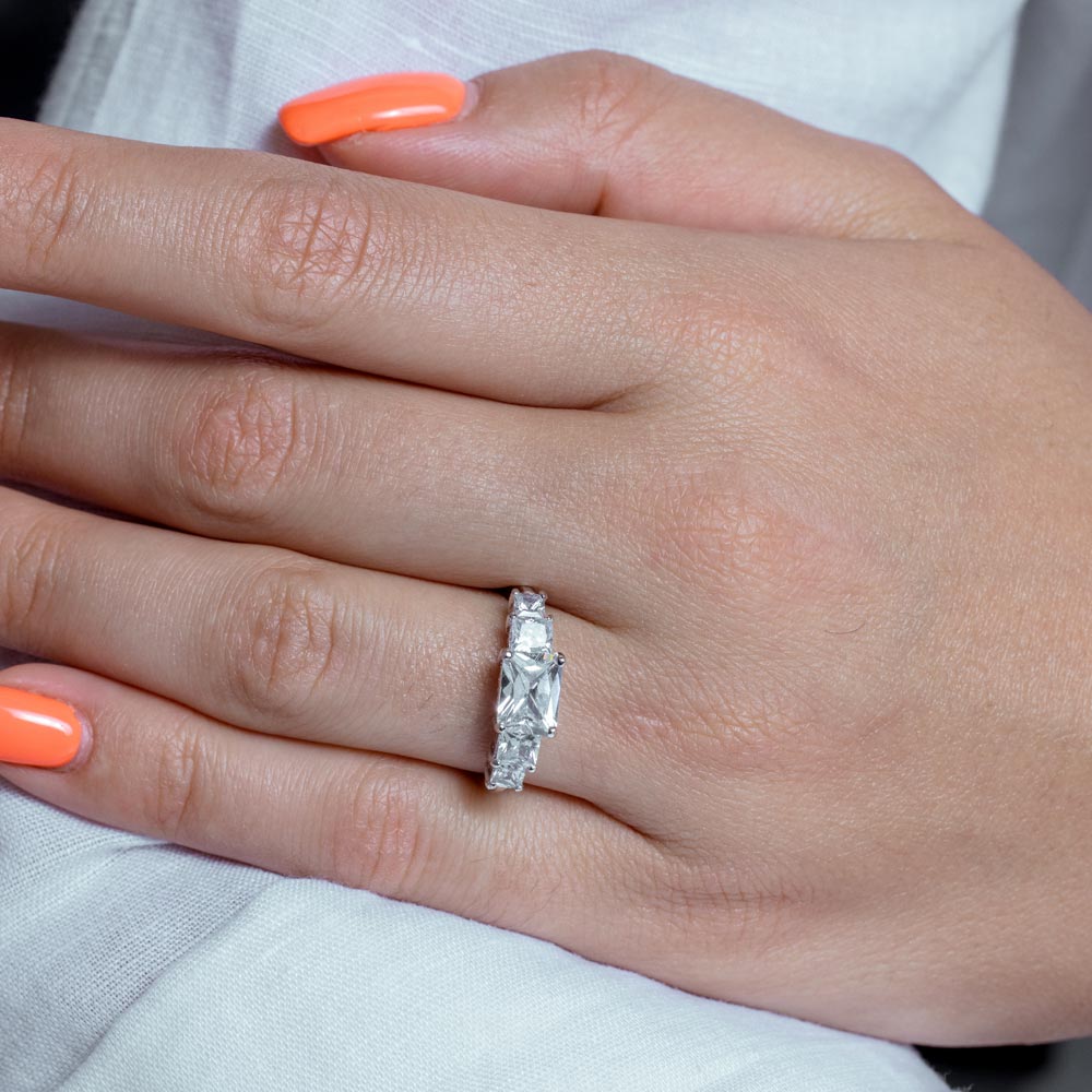 Rhodium Plated 925 Sterling Silver Clear 5 Stone Set CZ Bridal Ring - BGR00017