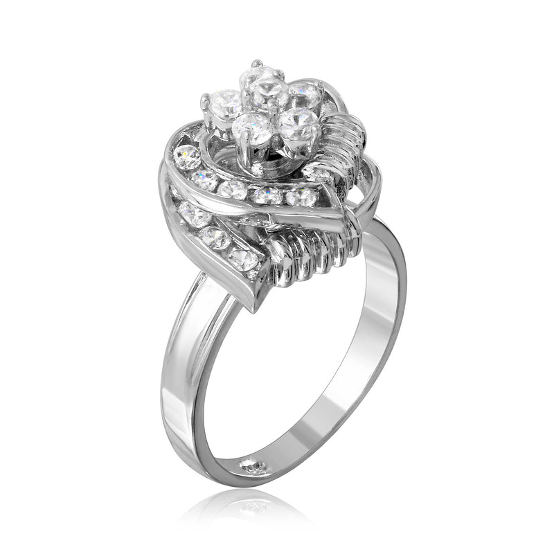 Closeout - Rhodium Plated 925 Sterling Silver Clear Flower 2 Row Hearts Fidgetting Clear CZ Ring - BGR00045