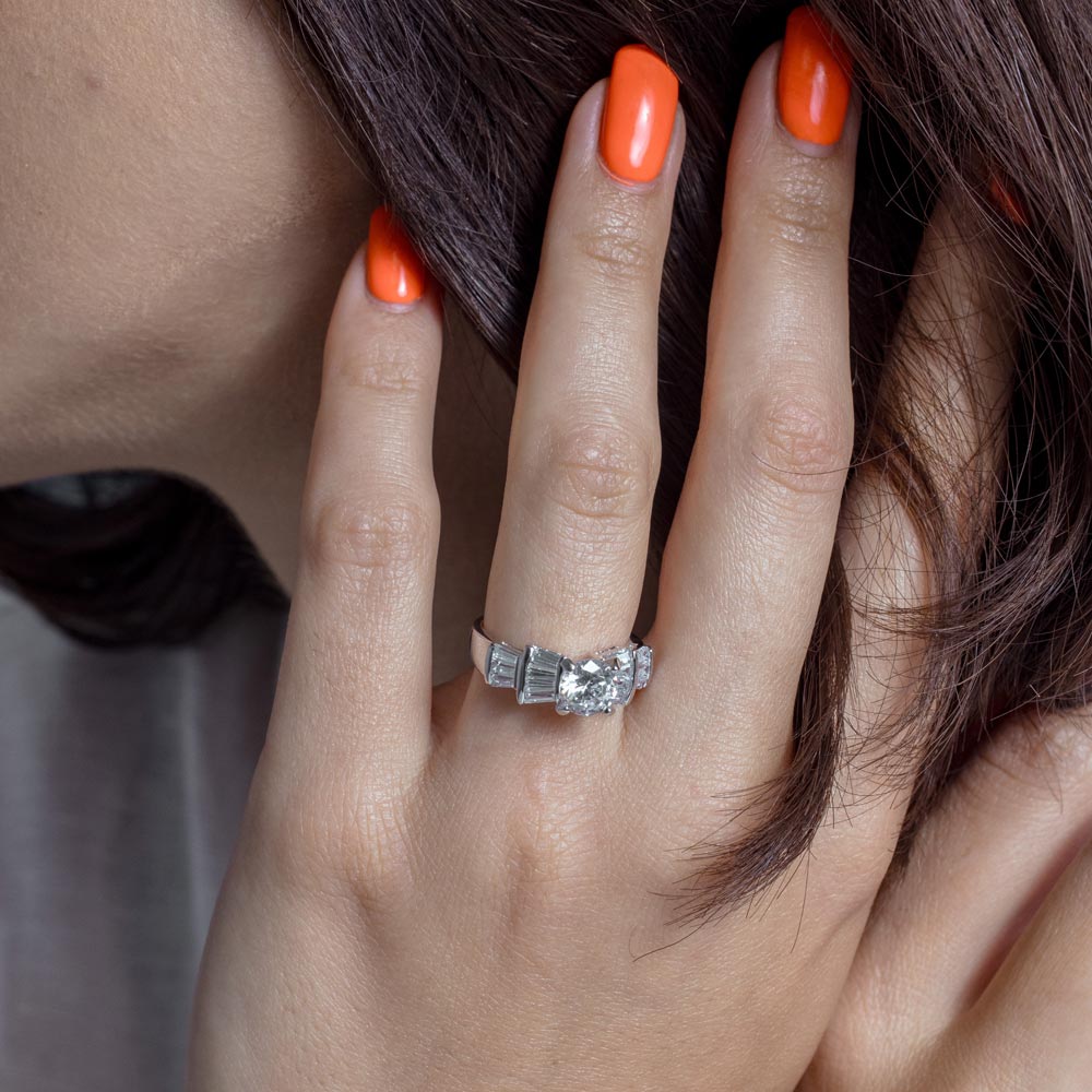 Rhodium Plated 925 Sterling Silver Clear Baguette Round Center CZ Bridal Ring - BGR00078