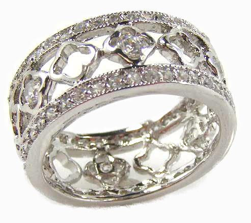 Silver 925 Rhodium Plated Flower 10mm Band Alternating CZ Ring - BGR00112