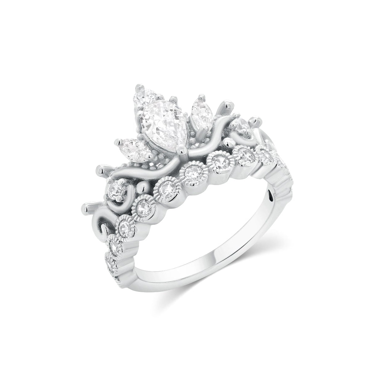 Anillo de plata 925 chapado en rodio con circonitas cúbicas redondas y de pera con forma de corona - BGR00113