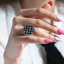 Clearance-Silver 925 Rhodium Plated Clear CZ Black and White Round Checker Ring - BGR00159