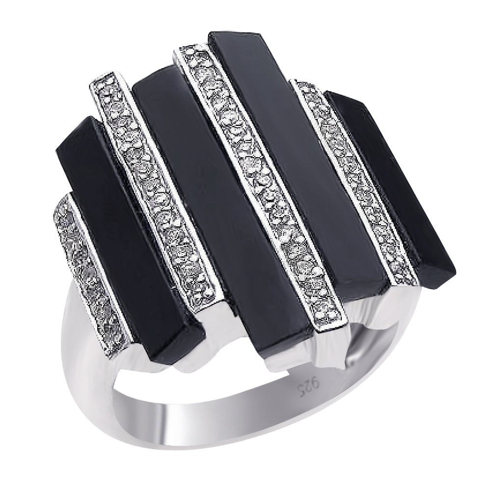 Clearance-Silver 925 Rhodium Plated Multiple Onyx Clear CZ Bars Ring - BGR00166