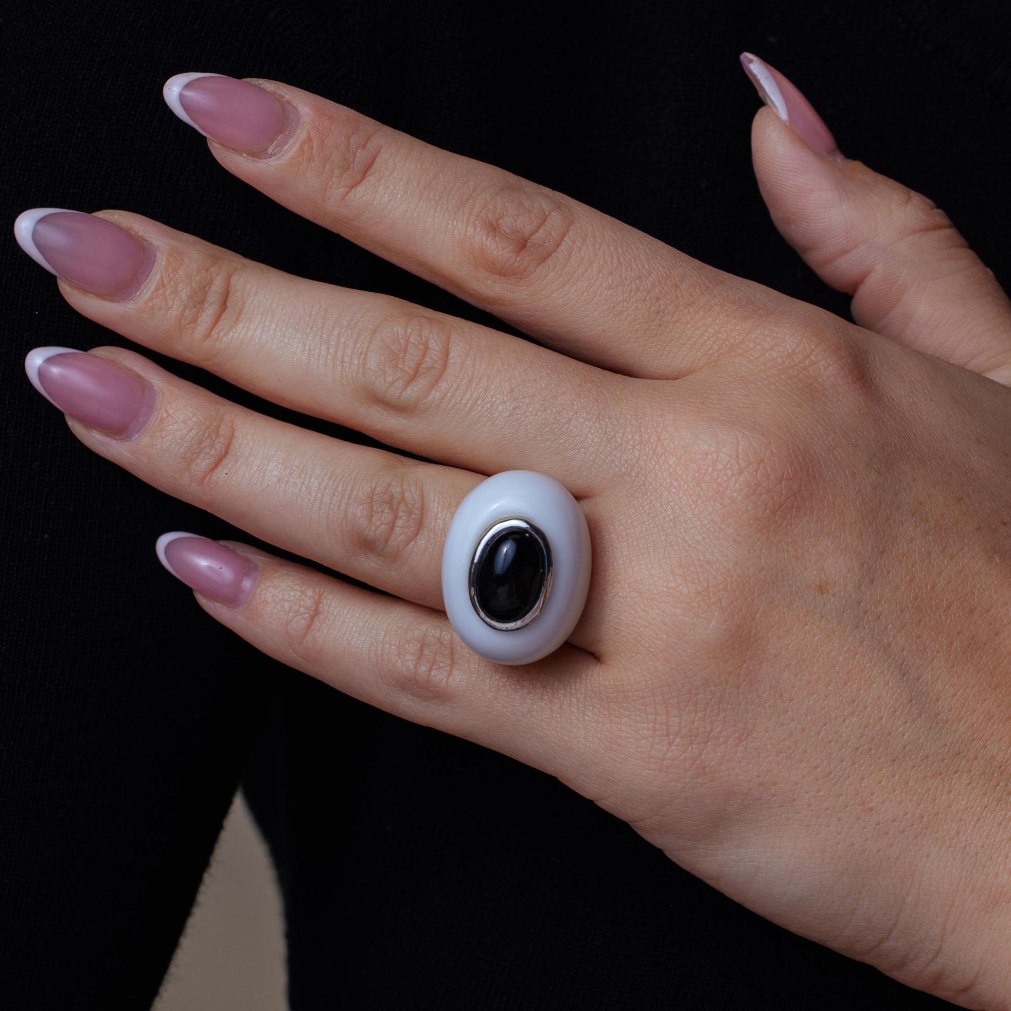 Clearance-Silver 925 Rhodium Plated White Enamel Onyx Dome Ring - BGR00169