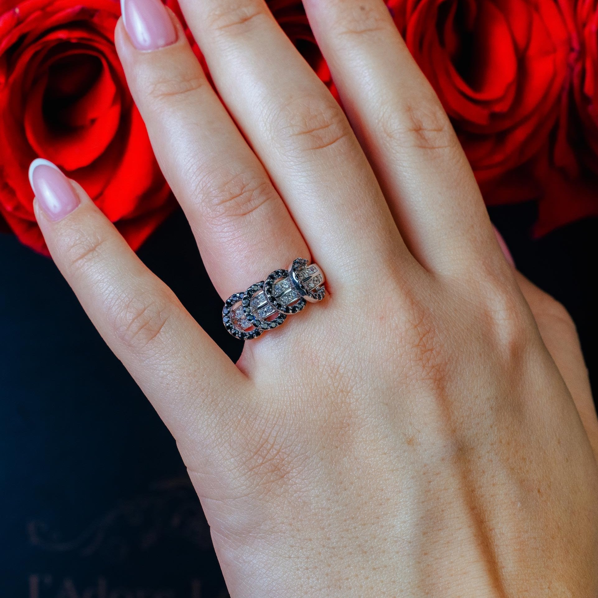 Clearance-Silver 925 Rhodium and Black Rhodium Plated Clear and Black CZ Overlapping Circle Ring - BGR00173